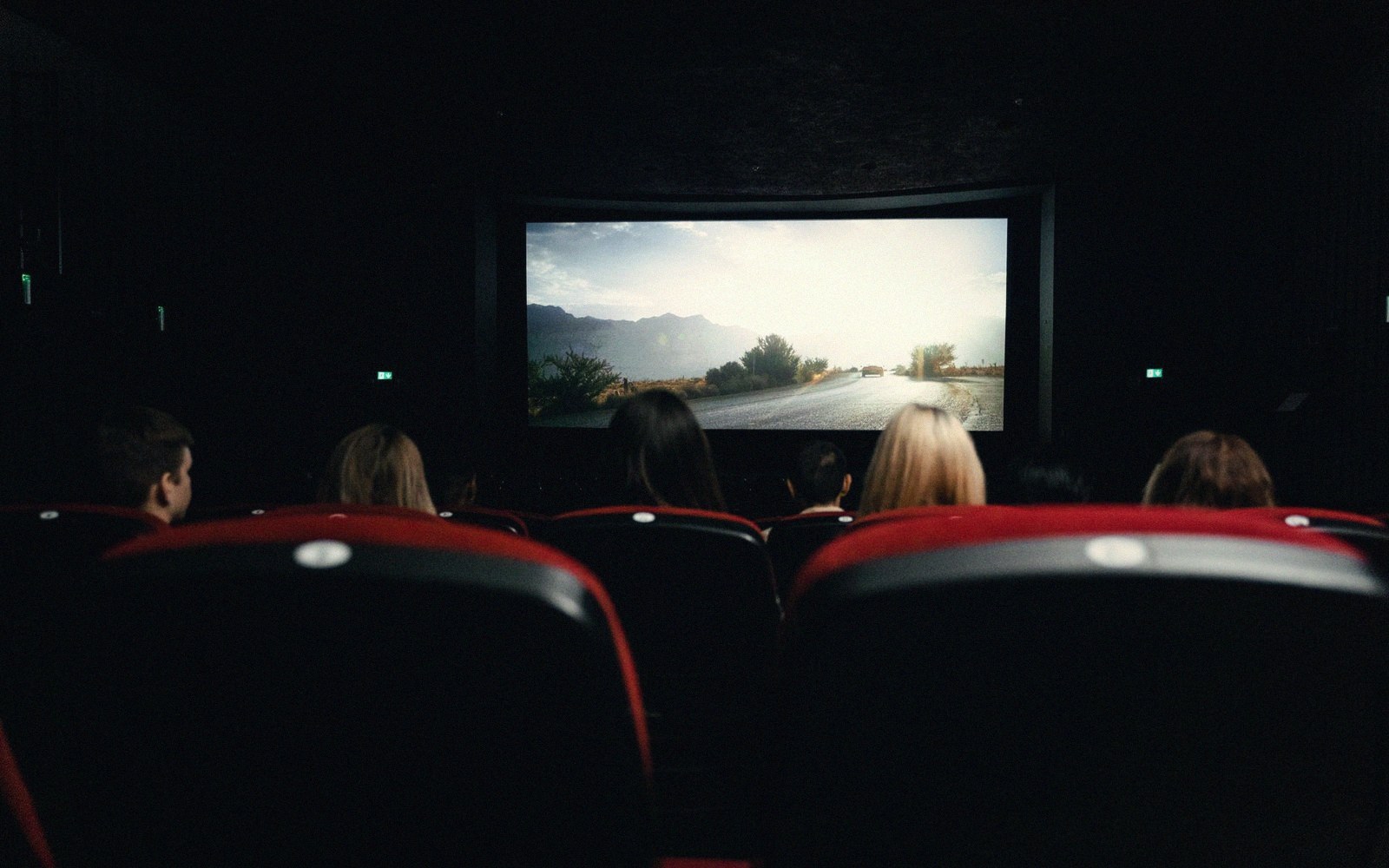 The view from the very back row of an auditorium: rows of seated heads and a bright screen in the far distance