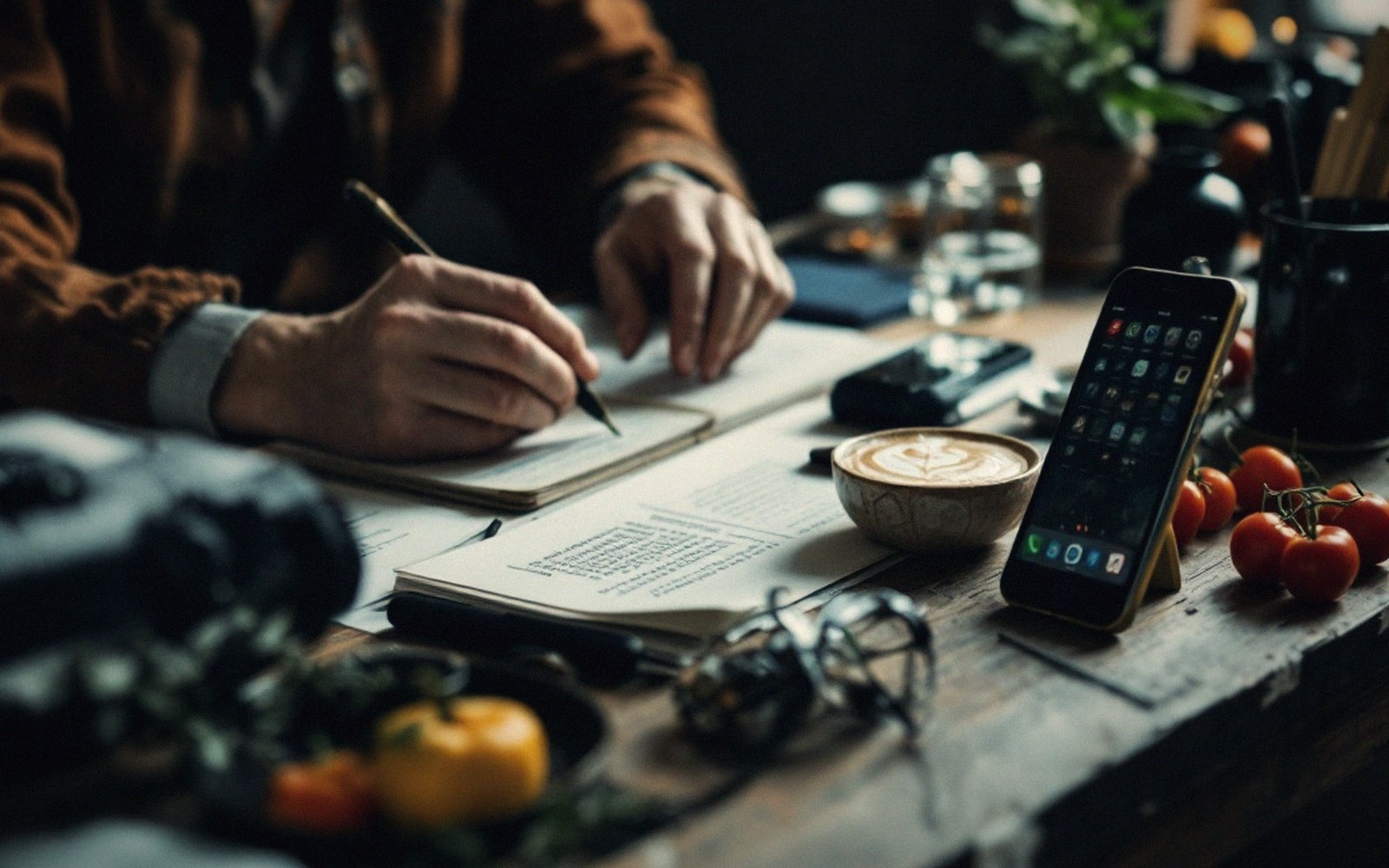 Person writing in a notebook beside a smartphone, latte and scattered tomatoes on a table