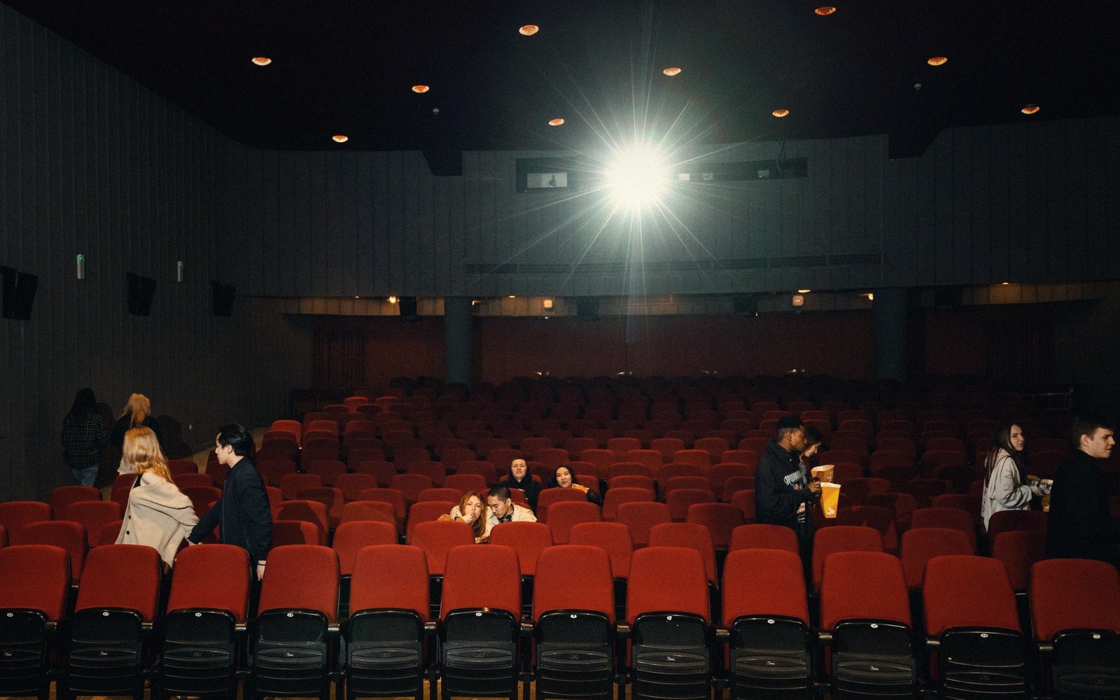 Moviegoers sit scattered among rows of empty red seats in a dim theater